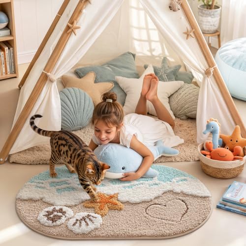 LUMI Blue Beach Bathroom Rug 22x34 Inch Microfiber Absorbent Bath Mat