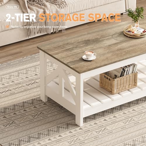 YESHOMY Farmhouse Coffee Table with Storage, Gray & White