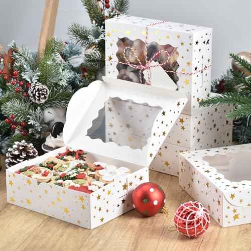 10pcs Christmas Cookie Boxes with Window£¬8x6x2.5in Bakery Boxes for Cookies, Xmas Gold Foil Star Treat Boxes for Gift Giving£¬Cookie Tins Pastry Dessert Cupcakes Candy Donut Packaging