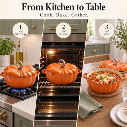 Pumpkin Cast Iron Dutch Oven Pot with Lid - Orange Halloween & Thanksgiving Decor