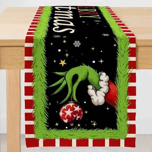 Linen Merry Christmas Table Runner, 13 x 73 in Grinch Tablecloth Xmas Winter Holiday Home Kitchen Dining Room Table Decorations (Black)