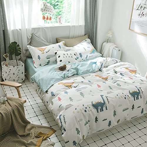 BuLuTu Dinosaur Kids Bedding Sets Twin Cotton,3 Pieces Premium Soft Reversible Dino Forest Print Teen Boys Girls Twin Duvet Cover Set Cotton with Zipper Closure and Ties,NO Comforter