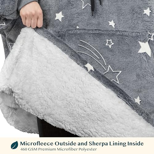 PAVILIA Glow Star Gray Fleece Sherpa Wearable Blanket Hoodie for Kids