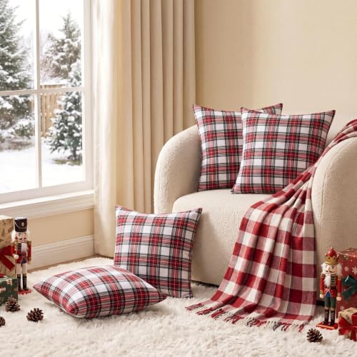 Softalker Christmas Plaid Throw Pillow Covers Set of 4, 20x20 Inches, Red White