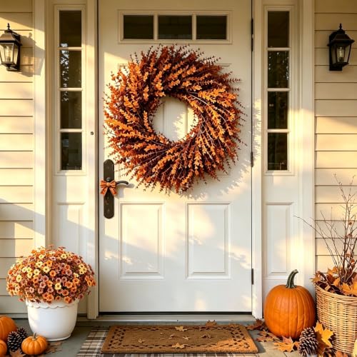 26in Fall Orange Eucalyptus Wreath - Artificial Autumn Decor, Large
