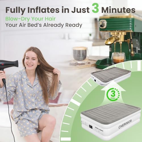 CHERIMOR Queen Air Mattress with Built-In Pump Gray & White, Anti-Sag Support, 80x60x18 Inches