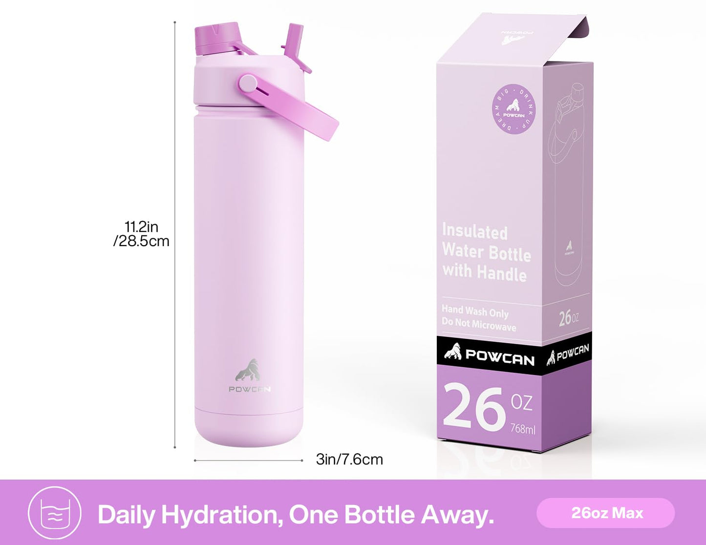 POWCAN 26 oz Insulated Water Bottle with 2-in-1 Straw and Spout Lid, Keep Cold 24H, Leak-Proof, Fits in Car Cup Holder, Stainless Steel Water Bottle for Sports, Travel, Gift and School (Cherry Pop)