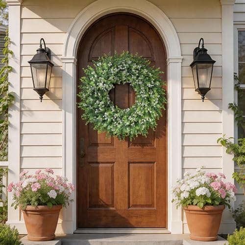 32-Inch Artificial Eucalyptus Wreath with Flowers for Front Door - White-Green, FOTEEWL