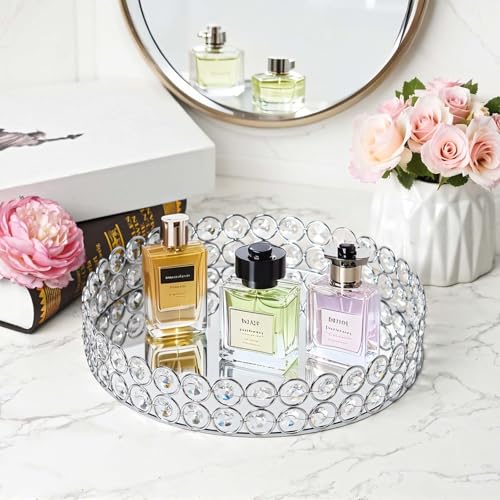2 Pcs Silver 10" Round Metal Mirror Crystal Tray – Vanity for Makeup,
