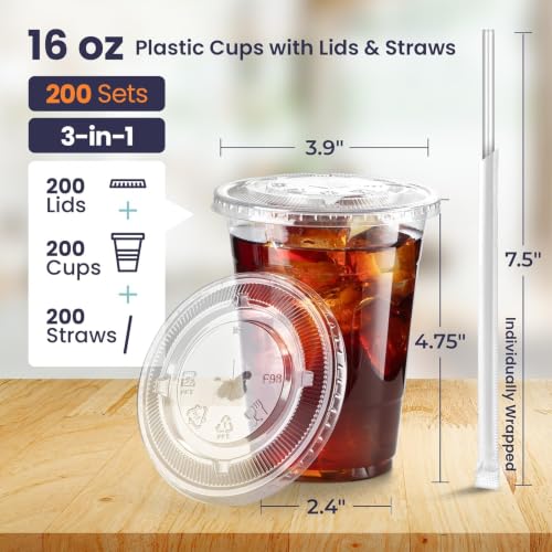 Fit Meal Prep 200 Pack 16 oz Plastic Iced Coffee Cups with Flat Lids