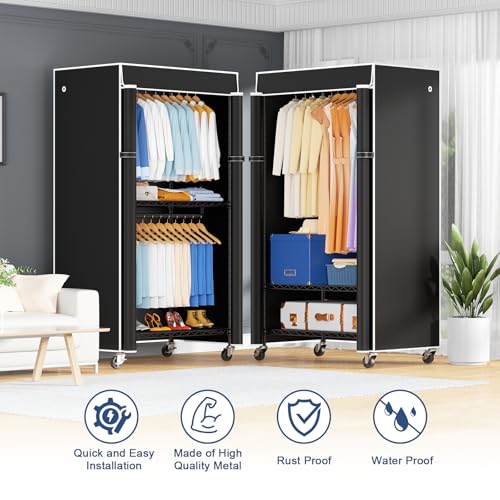 Heavy Duty Rolling Clothes Rack with Lockable Wheels - 32.7" Width, Black with Cover, 600LBS Capacity - Variation: Black Rack with Black Cover / P8C
