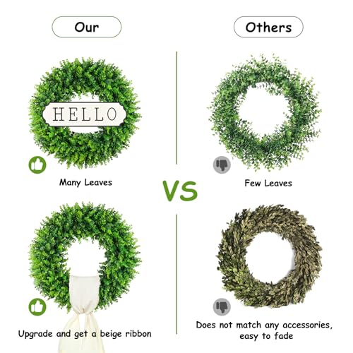 Large Green Boxwood Wreath 24 Inch Front Door Spring Garden Decor - Hello Sign Included