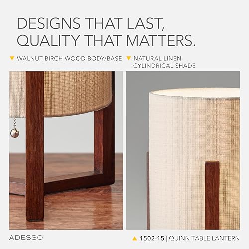 Walnut Birch Wood & Linen Table Lamp - Modern Compact Nightstand Light