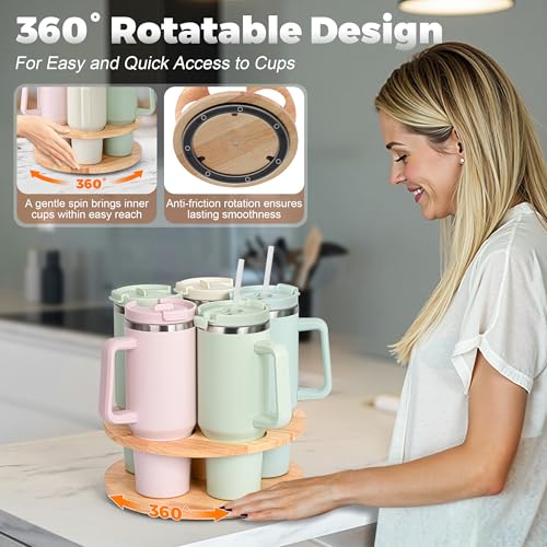 Water Bottle Organizer for Stanley Cups 20oz-40oz - Yellow - 360° Rotating Wooden Tumbler Holder