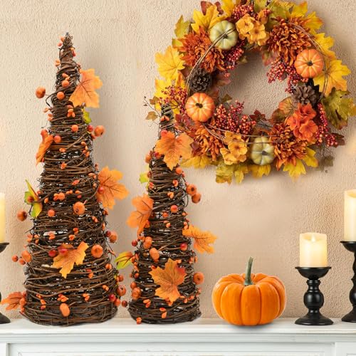 Lighted Fall Tabletop Trees with Pumpkins and Berries - Rustic Thanksgiving Decor - Orange, Yellow, Brown