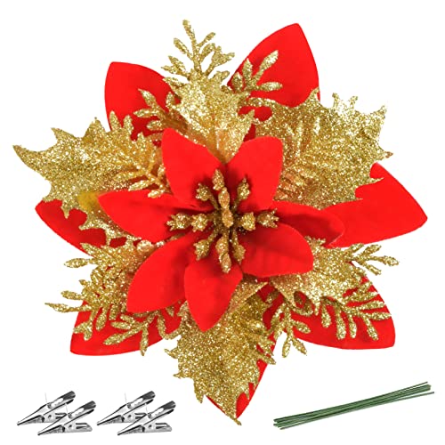 Christmas Poinsettia Artificial Flowers Decorations 5.5" Christmas Tree Wreaths Garland Decoration 12 Pcs Glitter Flowers Picks Decor for Xmas New Year Wedding Party Ornaments (Red Gold)