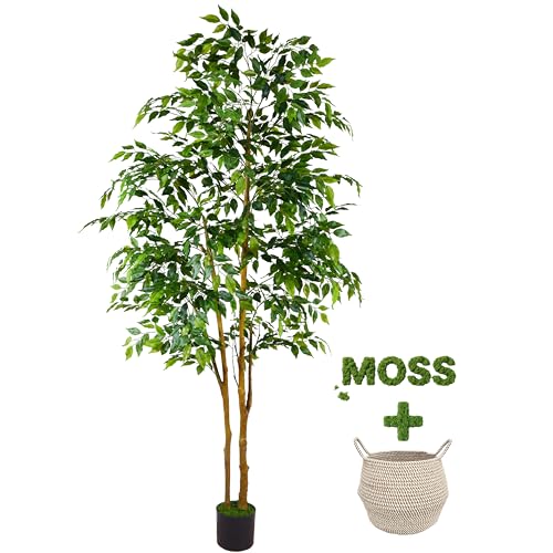 Warmplants 7ft Artificial Ficus Tree with Woven Basket - Realistic Fake Indoor Plant