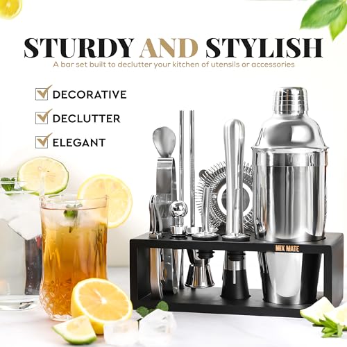 Mixology Bartender Kit with Stand - Silver 15-Piece Cocktail Set for Drink Mixing