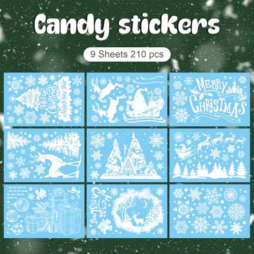 Amiya 216PCS Snowflake Christmas Window Clings White Xmas Window Stickers Santa Claus Reindeer Reusable Double Sided Holiday Window Decorations for Party Supplies
