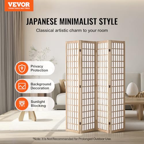 VEVOR 4 Panel Japanese Room Divider Natural Folding Privacy Screen Indoor & Office