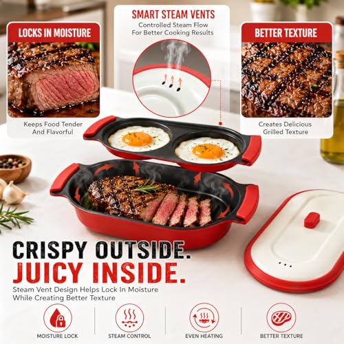 Red 2-in-1 Microwave Egg Cooker & Grill Pan Set, Nonstick, Medium