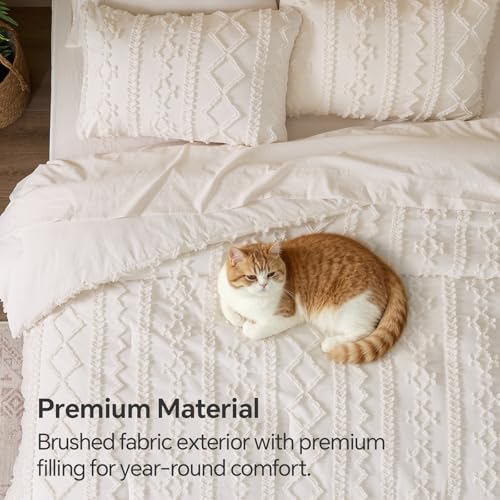 BEDELITE King Comforter Set 7 Pieces - Boho Cream White Bed in a Bag, King Size 102x90"