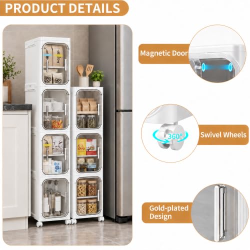 Narrow Slim Bathroom Storage Cabinet with Wheels - 4-Tier White, Foldable & Adjustable Shelves