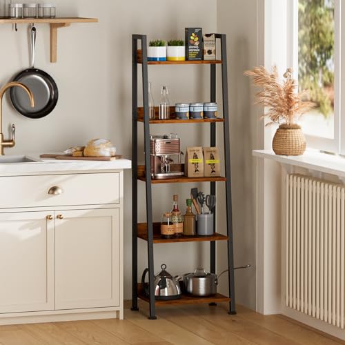 Furologee Rustic Brown 5-Tier Ladder Shelf with Fabric Drawer - Space-Saving Storage