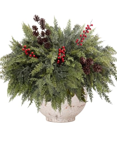 12 Artificial Cedar Stems with Pine Cones & Red Berries - 17.5" Holiday Decor (Variation: 12Cedar Stems+2Big Pinecones+3Red Berry)