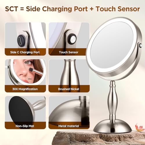 DASLAVA 30X Lighted Makeup Mirror with 3 Color Lights - Brushed Nickel