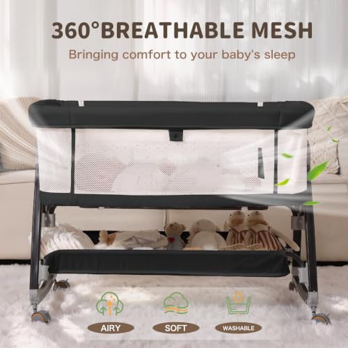 Baby Bassinet 3-in-1 Bedside Crib with Wheels & Mesh Mosquito Net - Black