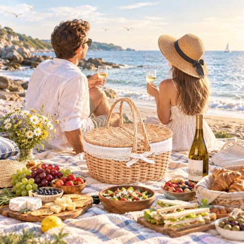 Hap Tim Wicker Picnic Basket for 2 - White Cloth, Classic Design, 16 Inch