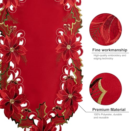 Joyfol Day Christmas Red Embroidered Table Runner 14x86 Inch - Poinsettia Holly Leaves & Acorns Holiday Decor