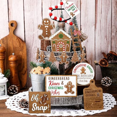GlikCeil Gingerbread Style Christmas Tiered Tray Decor Set - Rustic Wooden Signs, 20 Pieces