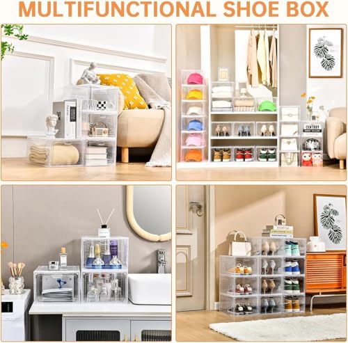 Large Clear Shoe Storage Box Set - 12 Pack, Stackable Shoe Organizer with Magnetic Door, Fits US Size 12, Display & Storage