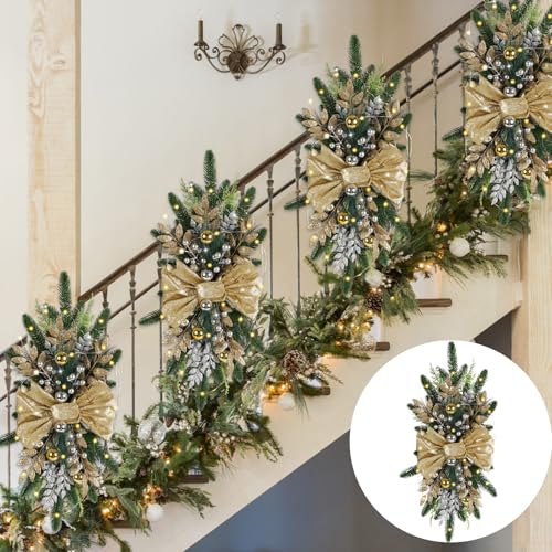 INSUNSIX 4PCS Gold Christmas Teardrop Swags Prelit 24-Inch Stairway Decor