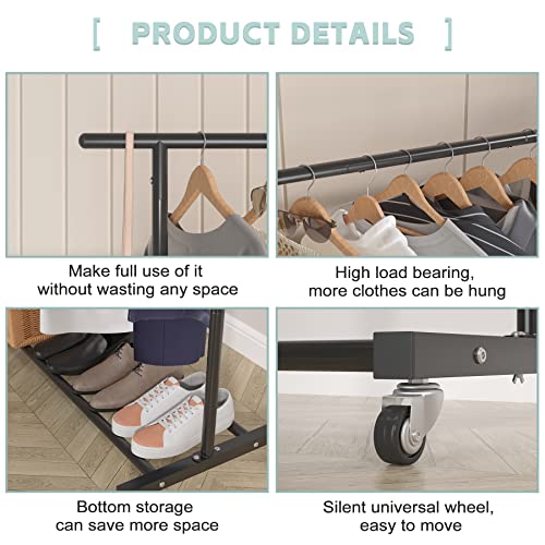 Black Double Rod Metal Clothing Rack on Wheels - 47.24" L, Portable Garment Stand with Shoe Shelf