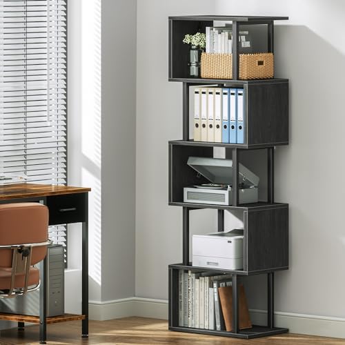Black Light Black Oak 6-Tier S-Shaped Geometric Bookcase - Modern Display Shelf
