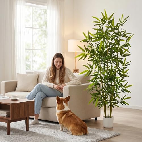 Warmplants 6ft Artificial Bamboo Tree with White Planter - Realistic Fake Plant for Indoor & Outdoor Decor