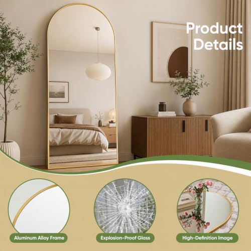 Arched Full Body Gold Mirror with Stand, 65"x24", Floor, Wall or