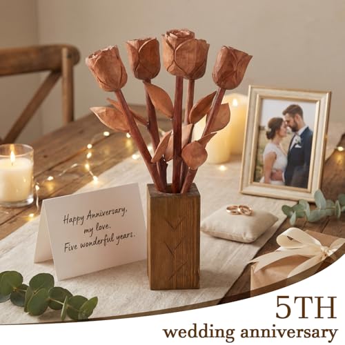 Suncalla Gift for 5th Wedding Anniversary Wooden Roses with Vase 5