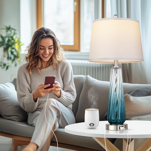 Teal Glass Table Lamps Set of 2 with Touch Control & USB Ports - Modern Nightstand Lamps for Bedroom & Living Room, 27.5 Inch