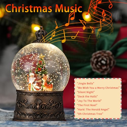 Qukulov Santa Snow Globe with Reindeer - Light Up 8-Carol Music, USB/Battery Operated