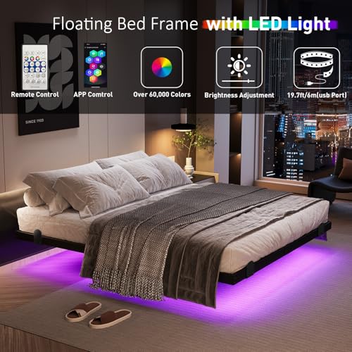 Floating Queen Bed Frame with LED RGB Lights & Charging Station - 14 Inch Modern Design