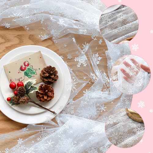 Breling Blue Snowflake Christmas Tulle Table Runner 118'' x 29.5'' Christmas Gauze Table Runner Seasonal Sheer Xmas Winter Holiday Decor for Birthday Festival Party Kitchen Wedding Bridal Shower