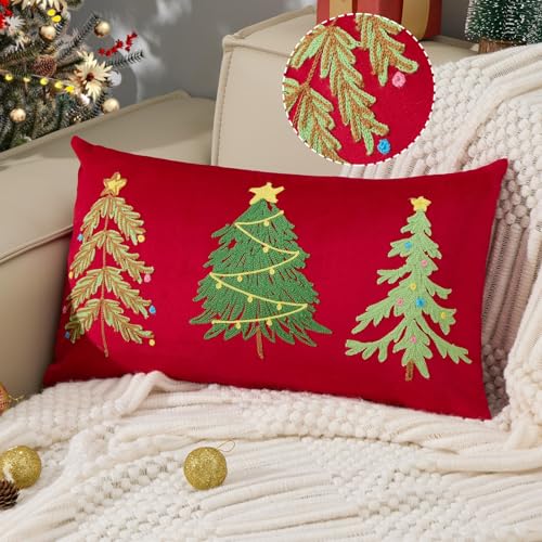 Red Velvet Embroidery Christmas Pillow Cover 12x20 Inch, Pack of 1