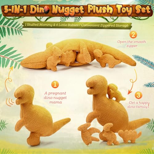 5 Pcs Plush Dinosaur Nugget Pillow Set, 16 Inch Large Stuffed Dinosaur with 4 Plush Babies in Zippered Belly Soft Dino Pillow Gifts for Birthday Collection Party Decors