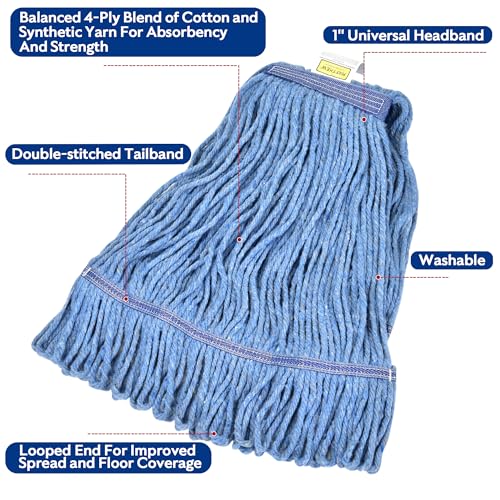 Heavy Duty Mop Heads Pack of 6 - Blue Cotton Looped End Commercial Replacements