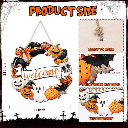 Halloween Decorations Hanging Door Sign Happy Halloween Wooden Door Sign spooky Ghost Bat Black Cat Pumpkin Skull Rustic Welcome Wreath for Tree, Door, Wall, Party Supplies