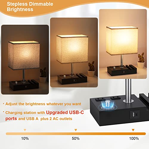 Wood Grain Bedside Table Lamp with USB Charging & 2 Outlets - Stepless Dimmable, 1 Pack